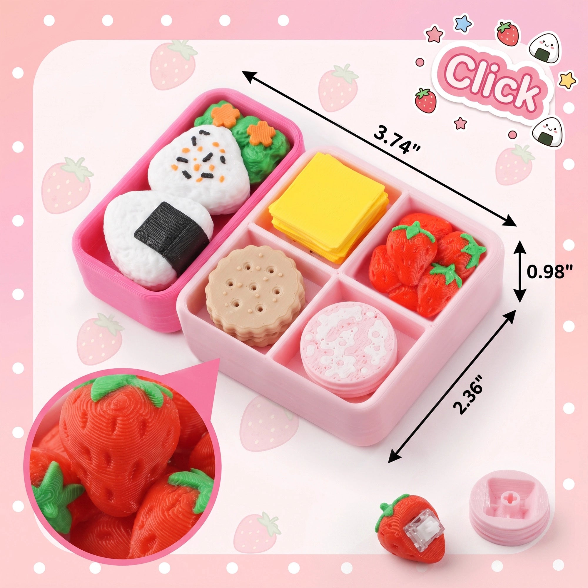 3D printed bento clicker toy size and strawberry key